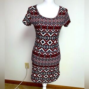 Tribal Print Red Black off white mini Dress Aztec Side Slit Ultra Flirt Medium